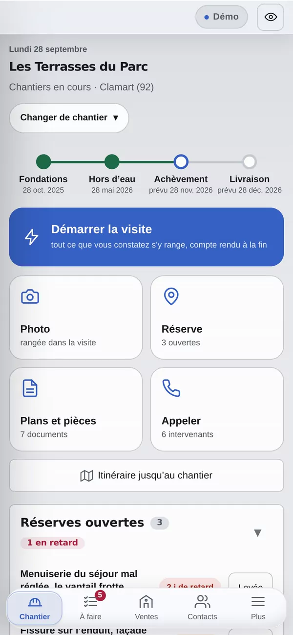 Guide de chantier : le chantier du jour, Démarrer la visite, Photo, Réserve, Plans et pièces, Appeler.
